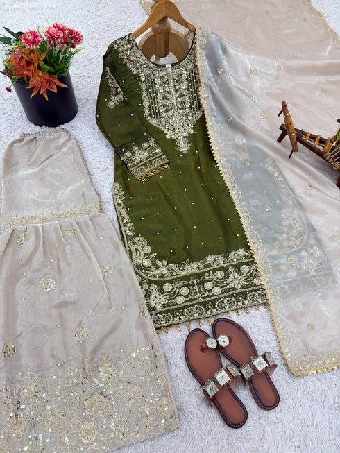 Mehendi Green Heavy Gmy Silk Elegant Salwar Suit - Side View | Samyak Fashion