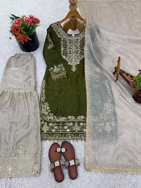 Mehendi Green Heavy Gmy Silk Elegant Salwar Suit - Detail View | Samyak Fashion