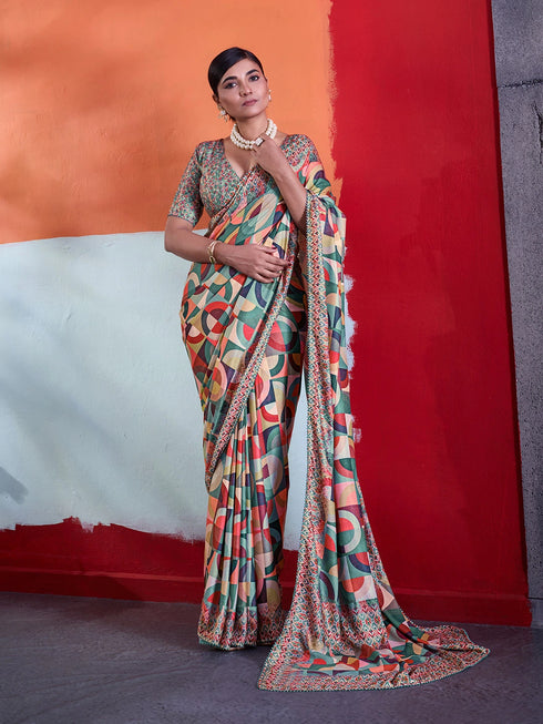 Multi-colour Crepe Elegant Party Wear Saree Collection With Blouse - Front View | Samyak Fashion
