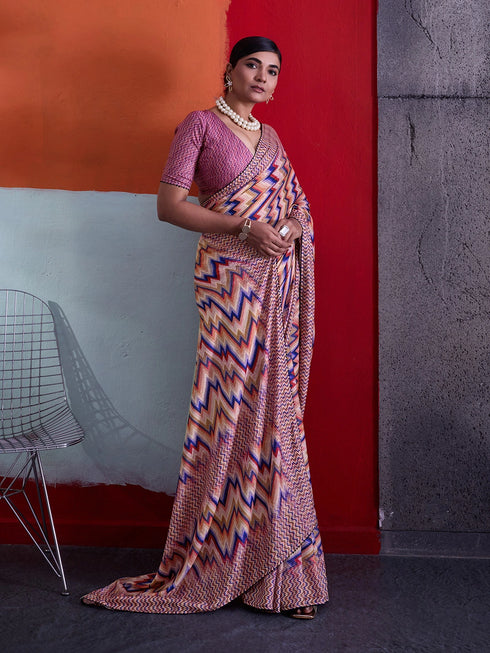 Multi-colour Crepe Elegant Party Wear Saree Collection With Blouse - Back View | Samyak Fashion