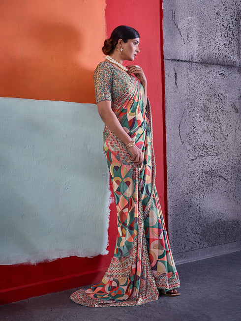 Multi-colour Crepe Elegant Party Wear Saree Collection With Blouse - Side View | Samyak Fashion