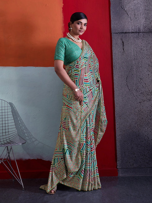 Multi-colour Crepe Elegant Party Wear Saree Collection With Blouse - Side View | Samyak Fashion