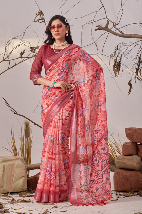 Multi Linen Cotton Party Wear Saree With Blouse - Front View | Samyak Fashion