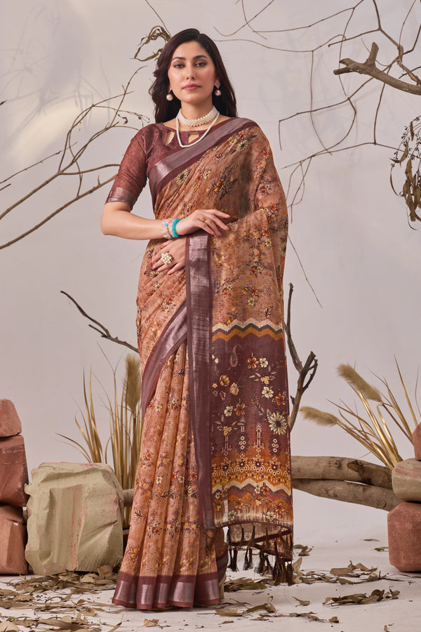 Multi Linen Cotton Party Wear Saree With Blouse - Front View | Samyak Fashion