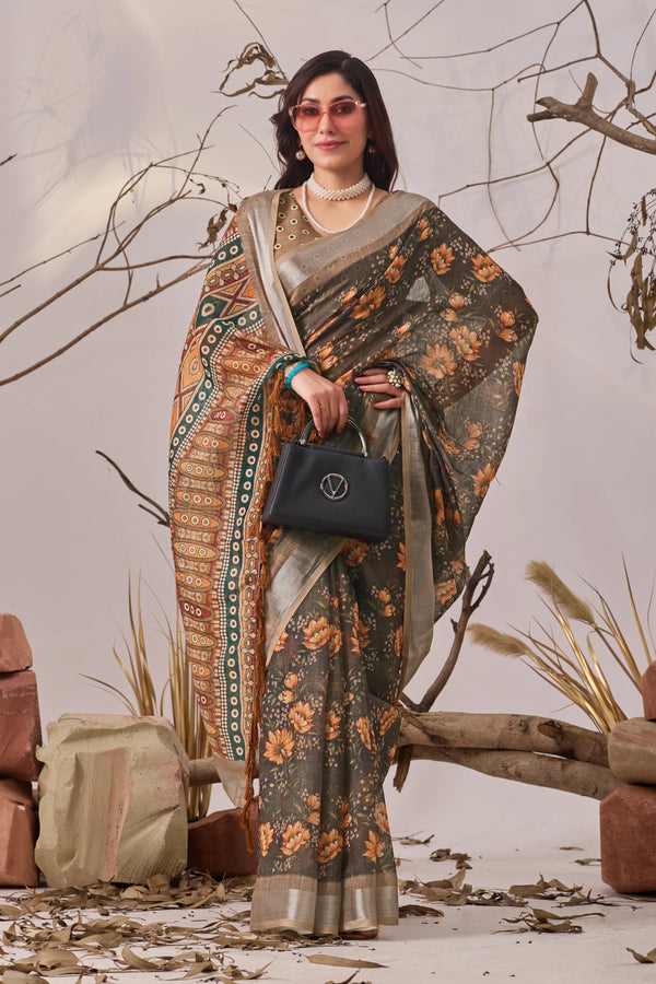 Multi Linen Cotton Party Wear Saree With Blouse - Front View | Samyak Fashion