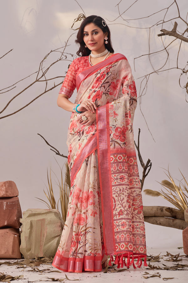 Multi Linen Cotton Party Wear Saree With Blouse - Front View | Samyak Fashion