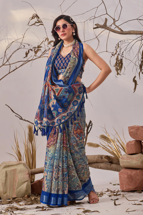Multi Linen Cotton Party Wear Saree With Blouse - Back View | Samyak Fashion