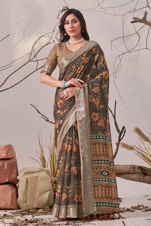 Multi Linen Cotton Party Wear Saree With Blouse - Back View | Samyak Fashion