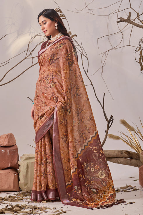 Multi Linen Cotton Party Wear Saree With Blouse - Back View | Samyak Fashion