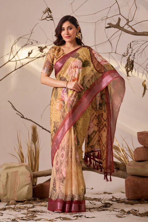 Multi Linen Cotton Party Wear Saree With Blouse - Back View | Samyak Fashion