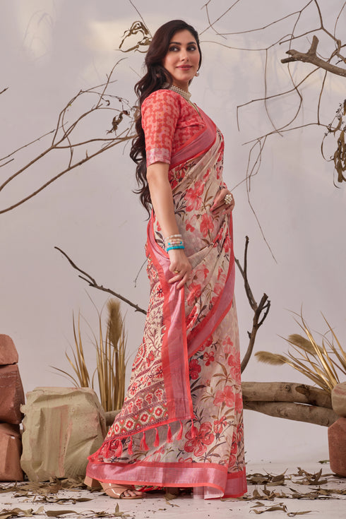 Multi Linen Cotton Party Wear Saree With Blouse - Side View | Samyak Fashion