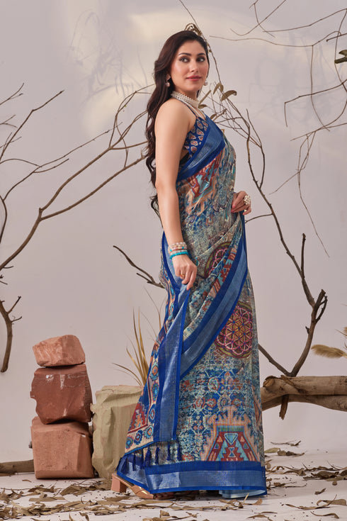 Multi Linen Cotton Party Wear Saree With Blouse - Side View | Samyak Fashion