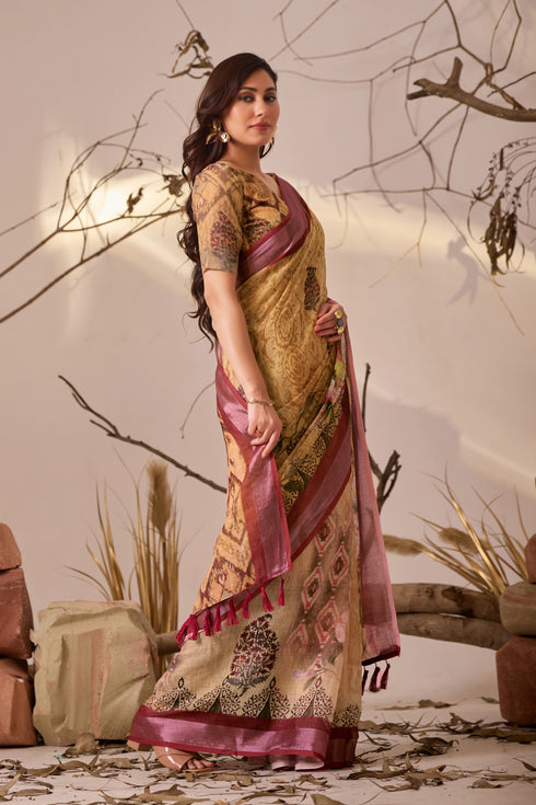 Multi Linen Cotton Party Wear Saree With Blouse - Side View | Samyak Fashion