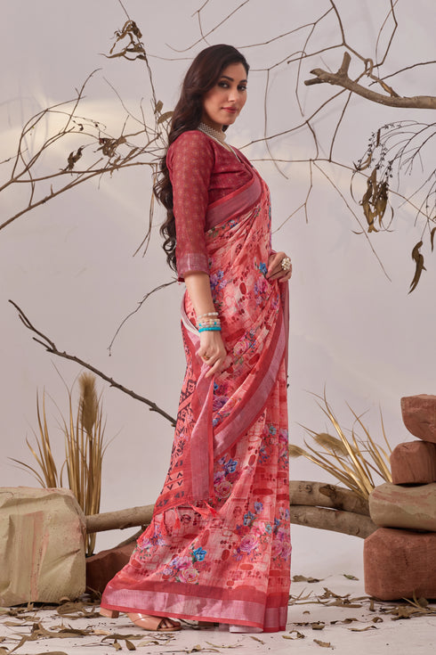 Multi Linen Cotton Party Wear Saree With Blouse - Side View | Samyak Fashion