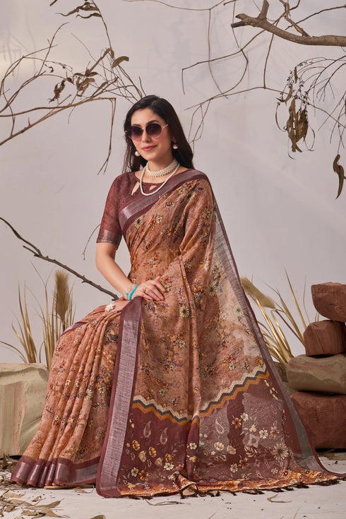 Multi Linen Cotton Party Wear Saree With Blouse - Detail View | Samyak Fashion