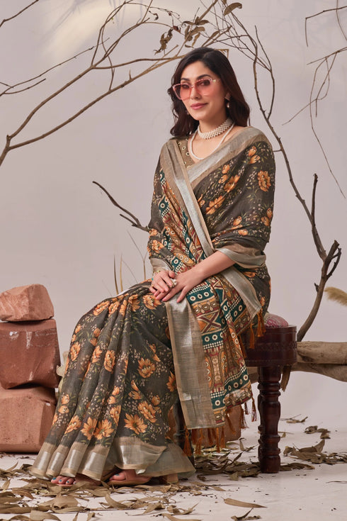 Multi Linen Cotton Party Wear Saree With Blouse - Detail View | Samyak Fashion