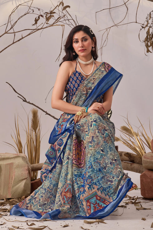 Multi Linen Cotton Party Wear Saree With Blouse - Detail View | Samyak Fashion