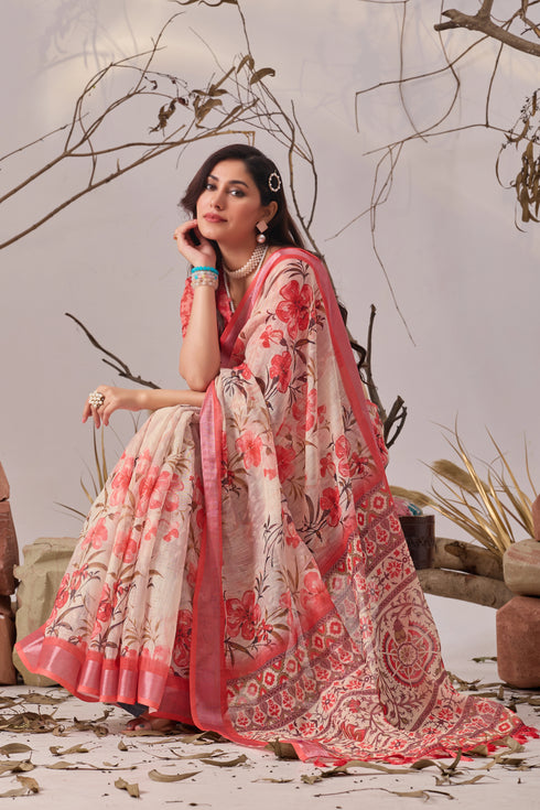 Multi Linen Cotton Party Wear Saree With Blouse - Detail View | Samyak Fashion