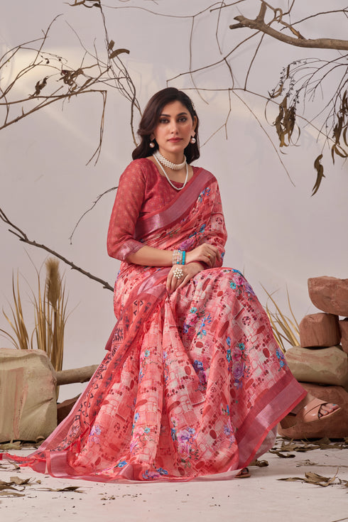 Multi Linen Cotton Party Wear Saree With Blouse - Detail View | Samyak Fashion