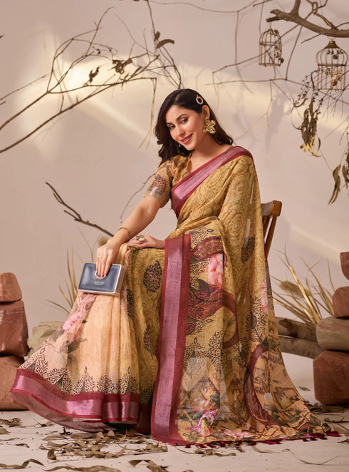 Multi Linen Cotton Party Wear Saree With Blouse - Detail View | Samyak Fashion