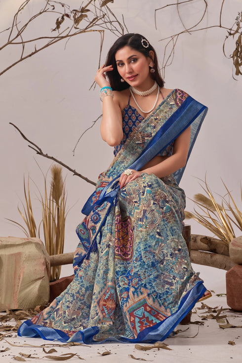 Multi Linen Cotton Party Wear Saree With Blouse - Close-up View | Samyak Fashion