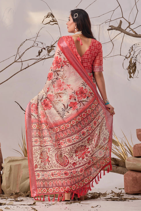 Multi Linen Cotton Party Wear Saree With Blouse - Close-up View | Samyak Fashion
