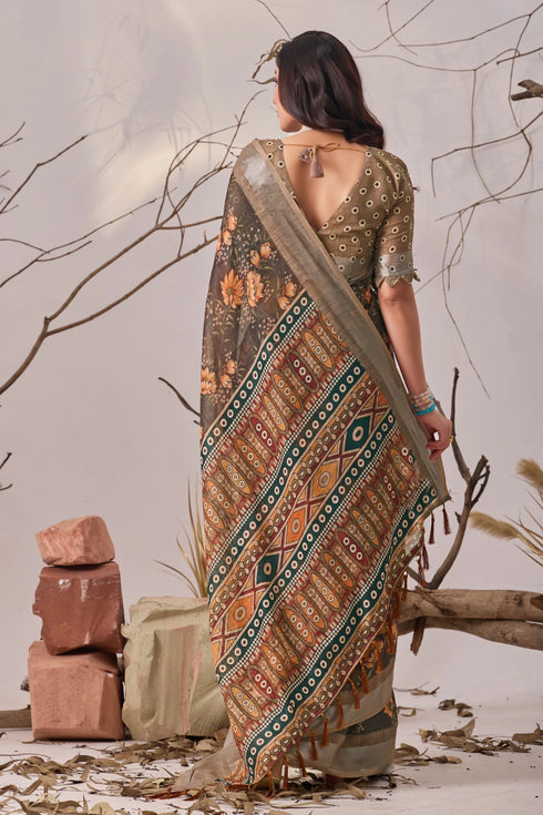 Multi Linen Cotton Party Wear Saree With Blouse - Close-up View | Samyak Fashion