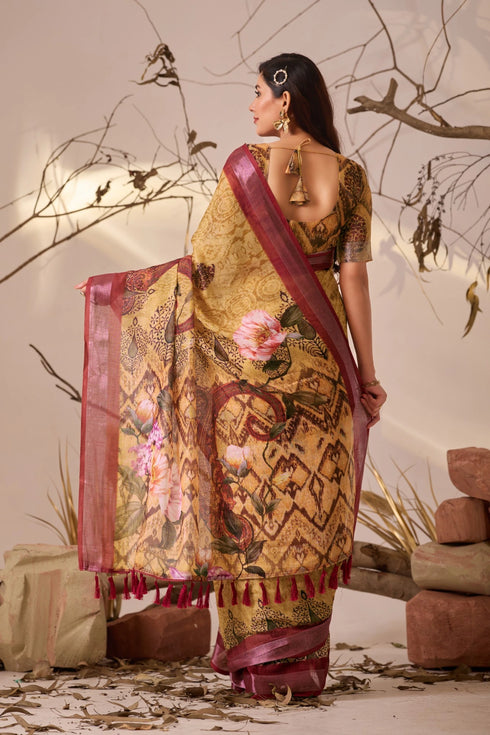 Multi Linen Cotton Party Wear Saree With Blouse - Close-up View | Samyak Fashion