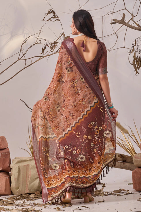 Multi Linen Cotton Party Wear Saree With Blouse - Close-up View | Samyak Fashion