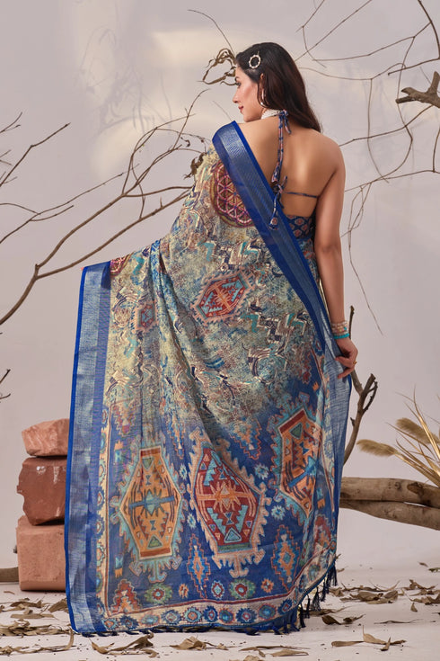 Multi Linen Cotton Party Wear Saree With Blouse - Full View | Samyak Fashion