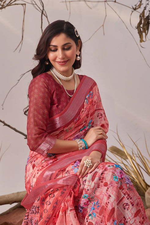 Multi Linen Cotton Party Wear Saree With Blouse - Full View | Samyak Fashion