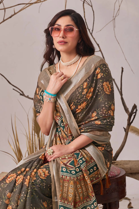 Multi Linen Cotton Party Wear Saree With Blouse - Full View | Samyak Fashion