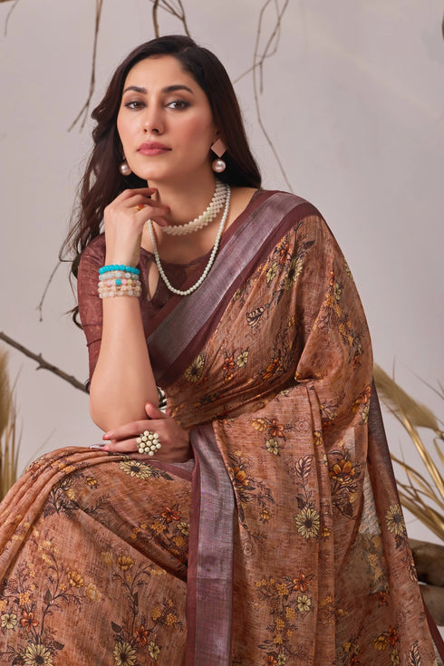 Multi Linen Cotton Party Wear Saree With Blouse - Full View | Samyak Fashion