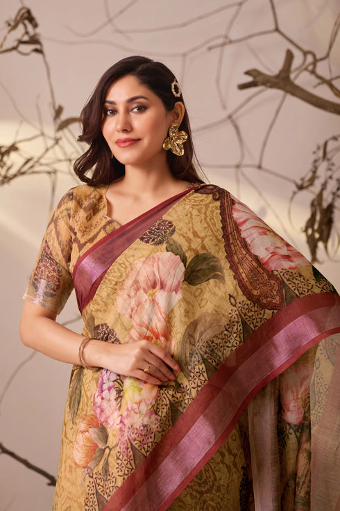 Multi Linen Cotton Party Wear Saree With Blouse - Full View | Samyak Fashion
