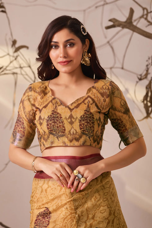 Multi Linen Cotton Party Wear Saree With Blouse - Styled View | Samyak Fashion