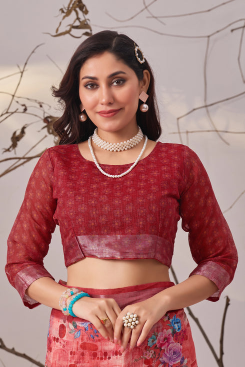 Multi Linen Cotton Party Wear Saree With Blouse - Styled View | Samyak Fashion