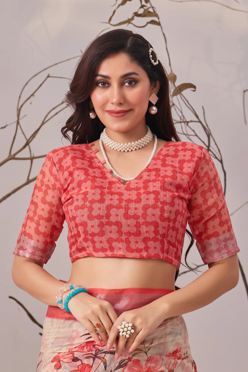 Multi Linen Cotton Party Wear Saree With Blouse - Styled View | Samyak Fashion