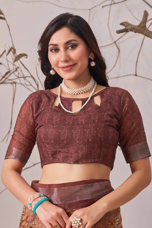 Multi Linen Cotton Party Wear Saree With Blouse - Styled View | Samyak Fashion