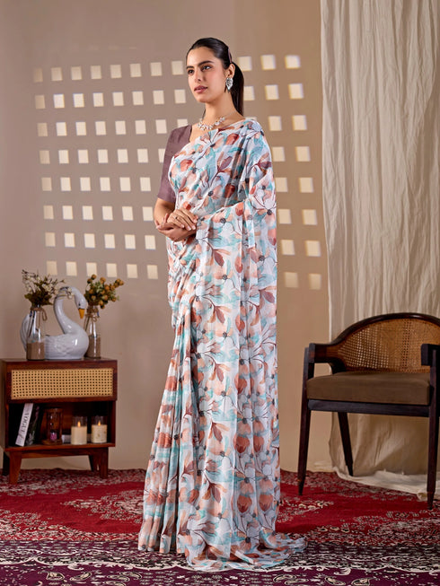 Multi Monsoon Georgette Silk Party Wear Saree With Blouse - Side View | Samyak Fashion