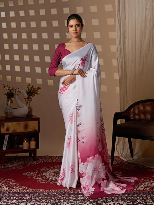 Multi Soft Satin Georgette Saree With Blouse - Front View | Samyak Fashion