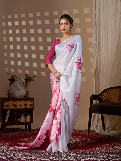 Multi Soft Satin Georgette Saree With Blouse - Side View | Samyak Fashion