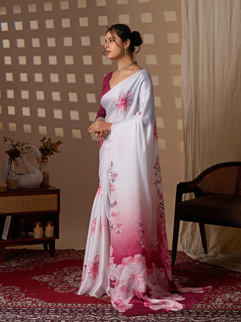 Multi Soft Satin Georgette Saree With Blouse - Detail View | Samyak Fashion