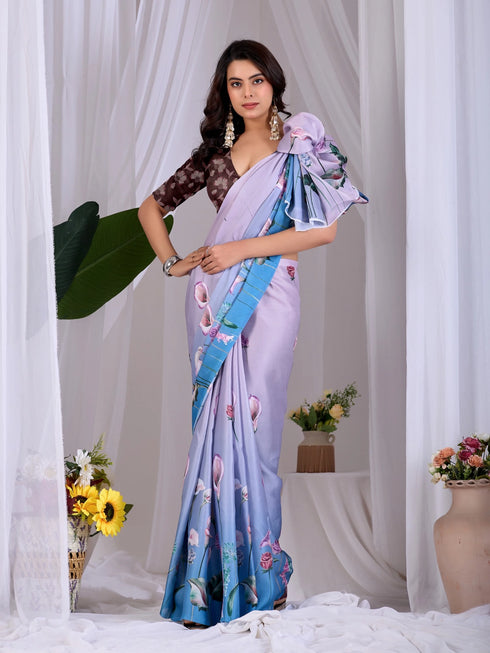 Multi Soft Satin Georgette Saree With Blouse - Back View | Samyak Fashion