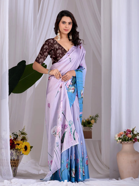 Multi Soft Satin Georgette Saree With Blouse - Detail View | Samyak Fashion