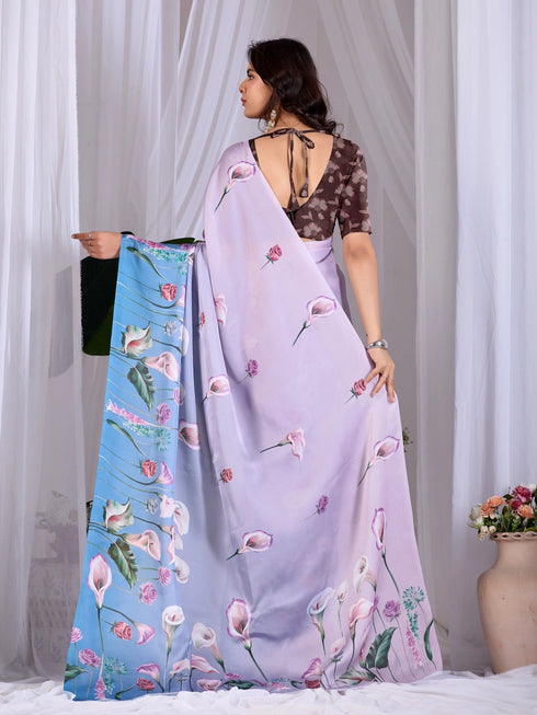 Multi Soft Satin Georgette Saree With Blouse - Close-up View | Samyak Fashion