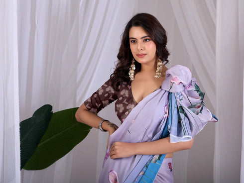 Multi Soft Satin Georgette Saree With Blouse - Full View | Samyak Fashion