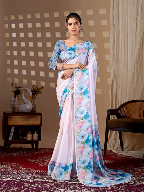Multi Soft Satin Georgette Saree With Blouse - Front View | Samyak Fashion