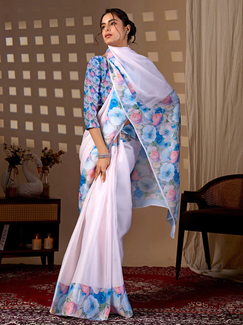 Multi Soft Satin Georgette Saree With Blouse - Back View | Samyak Fashion