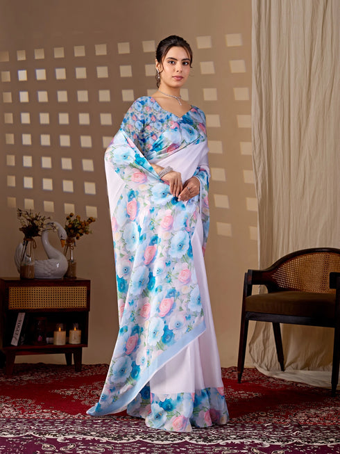 Multi Soft Satin Georgette Saree With Blouse - Detail View | Samyak Fashion