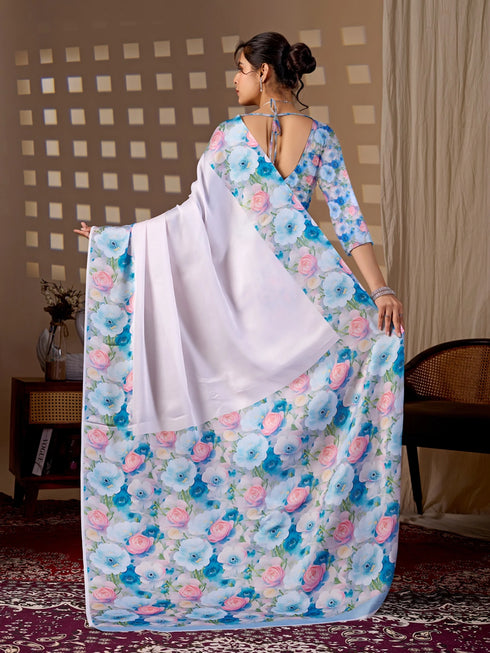 Multi Soft Satin Georgette Saree With Blouse - Close-up View | Samyak Fashion